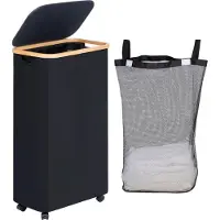 BundiGlassware Wäschekorb mit Rollen, 75L Schlanker Wäschekorb mit Deckel, Schwarz Faltbare Wäschebehälter mit Bambusgriffen und abnehmbarem Beutel für Schlafzimmer, Bad, Waschküche
