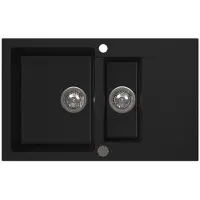 VBChome Spülbecken 80x50x20 cm Schwarz Granit 1,5 Becken Abtropffläche Einbauspüle gesprenkelt Restebecken Siphon