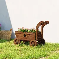 SUGIFT Hochbeet rollbar Tannenholz, Pflanzbeet Holz Wagenform, Blumenkasten Vintage, Verkohlt | Drainagelöcher | 4 Räder | 68 x 38 x 52 cm