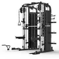 Gorilla Sports Kraftstation Smith Machine mit 2x60kg Gewichtsblock, Multipresse mit Kabelzug, Klimmzugstange & Langhantel 204cm – Home Gym Squat Rack