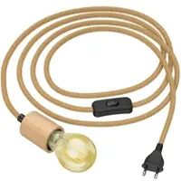 Ledscom.de Hanfkabel KIVO, beige, 3m, Echtholz E27 Fassung, Stecker, Schalter, inkl. LED Lampe, 3-Stufen-Dimmer, max. 778lm, extra warmweiß