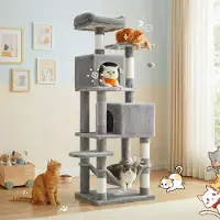 Topchances Kratzbaum groß 165cm mehrstöckiges Katzenhaus mit 5 Kratzsäulen 2 Höhlen, groß Plattformen, Hängematte, Plüschbälle, Hellgrau