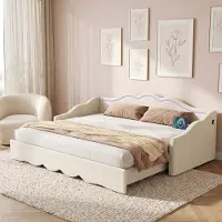 OKWISH Kinderbett 90x200 Schlafsofa mit LED und USB-Anschluss Funktionsbett Polsterbett mit Ausziehbett Doppelbett ausziehbar auf 180 cm Beige (ohne Matratze)