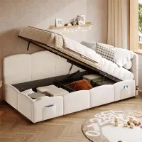 OKWISH Kinderbett 90×190 mit USB-Ladegerät und Stautasche, Schlafsofa mit Viel Stauraum, Einzelbett in Beige, ohne Matratze