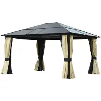 Welikera Hardtop-Gartenpavillon 4,2 x 3,6 m, Vorhänge mit Fliegennetz, Alugestell, Braun+Creme