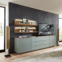 Lomadox TV Sideboard Set mit Wandregalen Fernsehschrank grün mit Eiche, Breite 240 cm CUST-36 inkl. LED Beleuchtung