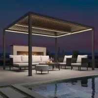 PURPLE LEAF Pavillon Lamellenpergola 3.35x4 m mit LED, wasserdicht, winterfest, Alu verstellbare Lamellen für Garten, Grau