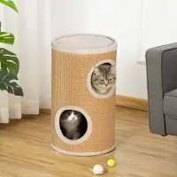 SUGIFT Katzenbaum Kratzturm mit Sisal und Plüsch, Kratztonne, Katzenkratzbaum, Braun-Beige | Ø35 x 60 cm | 2 Ebenen | Spanplatte
