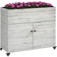 SUGIFT Hochbeet aus Tannenholz Weiß 110x50x95 cm mit Rollen und abschließbarem Schrankfach