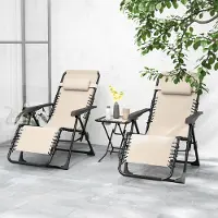 SUGIFT Sonnenliege Set 3-teilig mit Beistelltisch, 2 Liegestühle Netzstoff klappbar, Metallrahmen, Beige | 90 x 65 x 110 cm | 5-fach verstellbar