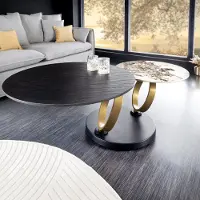 Riess Design Couchtisch DANCING RINGS rund drehbar schwarz / Pandora Keramik goldene Ringe schwarzes Metallgestell