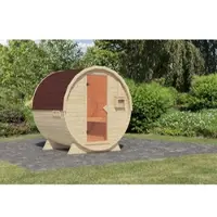 Karibu Saunahaus Außensauna Saunafass Fasssauna 1 unbehandelt ohne Ofen im Set mit 4 Paketen Rechteckschindeln dunkelrot 38mm Massivholz 224x178x229 cm
