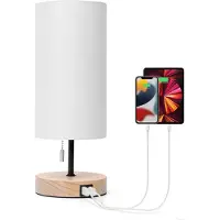 Aigostar Nachttischlampe mit 2 USB-Ladeanschlüssen, E27 Tischlampe mit Zugschalter, Holzsockel, Modern Tischleuchte, Weiß