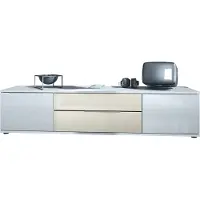 Vladon TV Lowboard Linio V2, Fernsehtisch mit 2 Türen und 2 Schubladen – Weiß / Creme Hochglanz (166,5 x 37,5 x 35 cm)