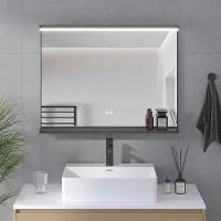 AQUALAVOS LED Badspiegel 80x60 cm mit Beleuchtung Touchschalter Anti-Beschlag Badezimmerspiegel Aluminiumrahmen Matt Schwarz Wandspiegel mit Ablage