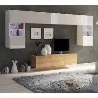 Lomadox Wohnzimmer TV-Wand Set in weiß Hochglanz & Eiche Gold Nb. mit LED Beleuchtung CAIRNS-132, B/H/T ca. 300/200/43 cm