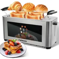 Magic FATABETA Toaster Edelstahl 4 Scheiben, 1400 W Langschlitz mit Touchscreen & LED, 6 Bräunungsstufen, Auftau-/Aufwärmfunktion, Brötchenaufsatz, Silber