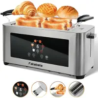 Magic FATABETA 4-Scheiben Toaster Edelstahl XXL, 1400 W Langschlitztoaster mit Touchscreen, 6 Bräunungsstufen, Auftauen & Brötchenaufsatz, Silber