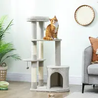 SUGIFT Kratzbaum 114 cm mit Höhle, Katzenturm mehrstöckig, Sisalstämme, Plüschplattformen, Hellgrau | 60 x 45 x 114 cm | Spanplatte + Plüsch | bis 6 kg
