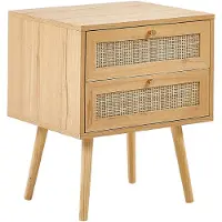 Beliani Nachttisch mit 2 Schubladen aus hellem Holz mit Türen aus Rattan im Boho-Stil Nachttisch