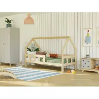 Benlemi Kinderhausbett FENCE 2-in-1 aus Holz mit Barriere 120x200 cm Beige, Mit einem Rausfallschutz rechts