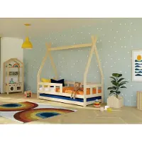 Benlemi Kinder-Tipi-Bett FENCE 4-in-1 aus Holz mit Barriere und Ausziehbett 90x190 cm Hellgrau, Mit offenem Eingang