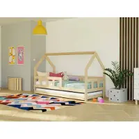 Benlemi Kinderhausbett FENCE 2-in-1 aus Holz mit Barriere und Ausziehbett 90x160 cm Salbeigrün, Mit einem Rausfallschutz rechts
