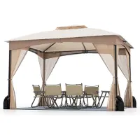 Goplus 365 x 300 cm Pavillon, Gartenpavillon mit Doppeldach, Reißverschlüssen, 4 Sandsäcken & 8 Erdnägeln, Pavillonzelt für Garten, Terrassen (Khaki)