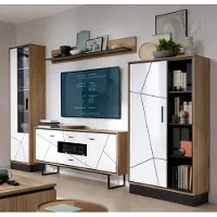 Lomadox TV Wohnwand Set Wohnzimmer BRISTOL-129 in Catania Eiche Nb. mit schwarz und weiß Hochglanz, B/H/T: ca. 339,5/208,5/40 cm