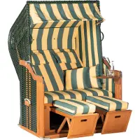 Müsing Rustikal Strandkorb 250 Plus, aufgebauter Strandkorb, 2-Sitzer Halbliegemodell Ostseeform, Geflecht grün, Strukturpolyester gestreift, Fichtenholz, ca. 125x90x160 cm