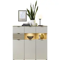 Die Möbelfundgrube Highboard mit Beleuchtung Beige-Kaschmir - Riva Eiche 125 cm - INA