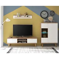 Lomadox Retro Wohnwand mit Vitrinen-Highboard MAINZ-61 weiß matt mit Eiche Riviera Nb. B/H/T ca. 260x160x40cm