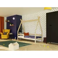 Benlemi Kinderholzbett SAFE 5-in-1 in Tipi-Form mit Barriere 90x160 cm Hellgrau, Mit einer Barriere