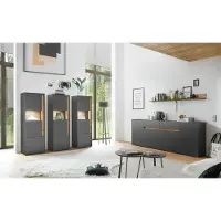 Lomadox Esszimmer Kombination mit 3 Vitrinen und Beleuchtung CRISP-61 in anthrazit mit Absetzungen in Wotan Eiche Nb.