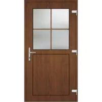Haustuerenland.de Kunststoff Nebeneingangstür nach Maß "PAULA-O" 74 mm 1/2 Glas 4 Sprossenfelder Golden Oak holzähnlich außen öffnend DIN rechts