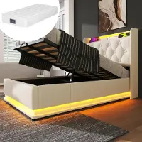 Youjia Polsterbett einzelbett, 360-Surround-LED-Funktion, Drucktaste/App/Fernbedienung, 90*200 cm, weiß PolyurethanMaterial Hydraulisches Lagerbett