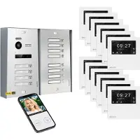 Balter EVO HD Aufputz Video Türsprechanlage Silber 12x 4.3 Zoll Mini HD WiFi Monitor Weiß Set für 12 Familienhaus