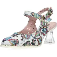 LAURA VITA Damen Slingpumps Mary Jane floraler Print und Lochmuster Eloiseo 36, Größe:39 EU, Farbe:Weiß