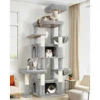 Markenlos Kratzbaum Groß 192 cm Hoch mit 2 Großer Höhle 50*30*30CM, 2 Großer Plattform Gepolsterte, Sitzstangen, Korb, Stabil Kratzbaum mit Stützen für 3-5 Große Katzen Schwere Innen (S75, Hellgrau)