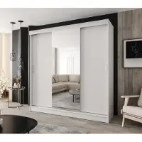 Caspian24 Schwebetürenschrank 3-türig 250x205 cm weiß mit 1 Spiegel und 2 Schubladen – Moderner Kleiderschrank für Schlafzimmer und Flur