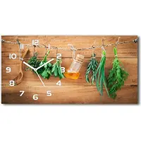 Tulup Wanduhr aus Glas – 60x30 cm - Glasbild - Glasuhr - Gehärtetes Glas - weisse-zeiger - Kräuter auf einer Schnur