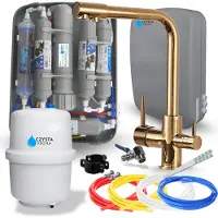ARI Wasserfilter Set RO7 Slim mit 3-Wege Küchenarmatur Venom Gold, 7-stufige Filtration, Mineralisierung, Jonisierung