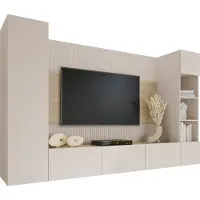 Mirjan 24 Wohnwand Deromi IV, Wohnzimmer Möbel Set, Griffloses Öffnungssystem push to open, 4er-Set (Farbe: Sandbeige / Sandbeige + Eiche Cremona)