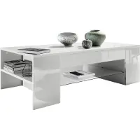 Vladon Couchtisch Clip, Germany, Wohnzimmertisch mit 2 Seitenfächern und 1 Glasplatte, Weiß matt/Weiß Hochglanz (118 x 37 x 60 cm)