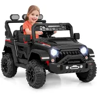 Goplus 12V Elektroauto für Kinder, Kinderauto mit 2,4G Fernbedienung, Musik, LED-Leuchten, Leistungsanzeige, Schwarz
