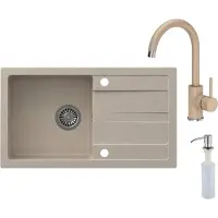 VBChome Spülbecken mit Armatur 77 x 44 cm Beige Einzelbecken Einbauspüle Abtroffläche Gesprenkelt Reversibel Granitspüle Siphon Spülmittelspender Armatur