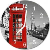 Tulup Glasuhr Wanduhr Küchenuhr Echt-Glas 30fi cm Rote Telefonzelle rot