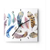 ARTTOR Wanduhr - Quadrat - Glasuhr - Federn Vögel Tiere Komposition - 40x40cm - Schleichendes Uhrwerk - Lautlos - zum Aufhängen bereit - Dekoration Modern - Wanddekoration aus Glas - C3AC40x40-2894