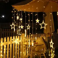 ROSNEK 3M LED Stern Mond Solar Lichtervorhang 8 Lichtmodi Außen Wasserdichte Lichterkette Garten Party Deko, Warmweiß