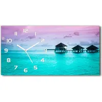 Tulup Wanduhr aus Glas – 60x30 cm - Glasbild - Glasuhr - Gehärtetes Glas - weisse-zeiger - Bungalow über dem Wasser